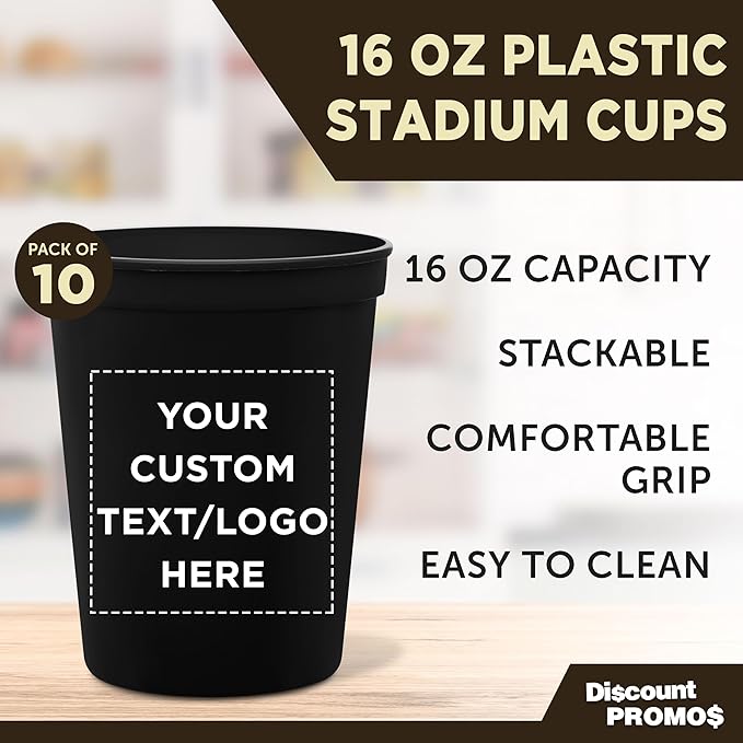 DISCOUNT PROMOS Custom Plastic Stadium Cups 16 oz. Set of 10, Personalized Bulk Pack - Perfect for Birthdays, Weddings, Picnic, Beach, Parties - Black
