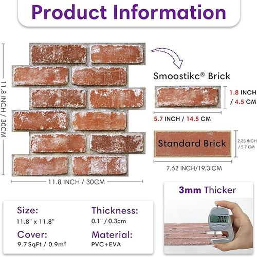 3D Peel and Stick Faux Brick Wall Panels 11.8" x 11.8" 10-Pack, Small - Image 2
