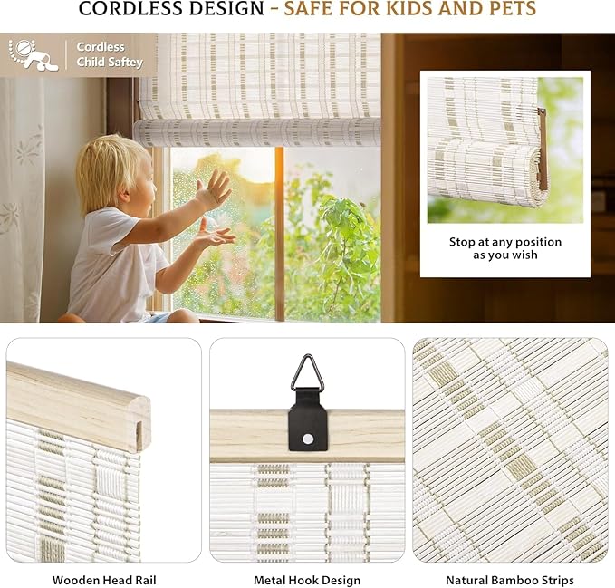 LazBlinds Cordless Bamboo Blinds, Light Filtering Hanging Window Shades - Image 2