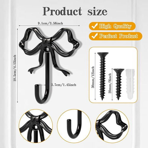 4 PCS Large Size Black Bow Wall Hook, Metal Hooks, Bow Room Decor Hooks - Image 2