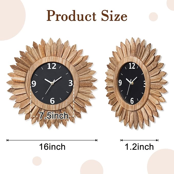 Honiway 16 Inch Wall Clocks, Rustic Wood Boho Sunburst Decorative Wall Clock - Image 5