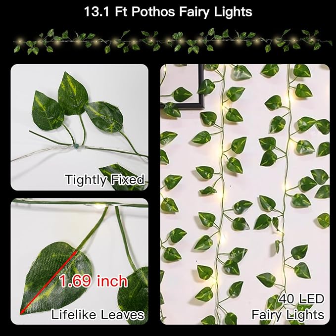 suddus Vine with Fairy Lights Battery Operated, 13.1ft 40 LED Pothos String - Image 6
