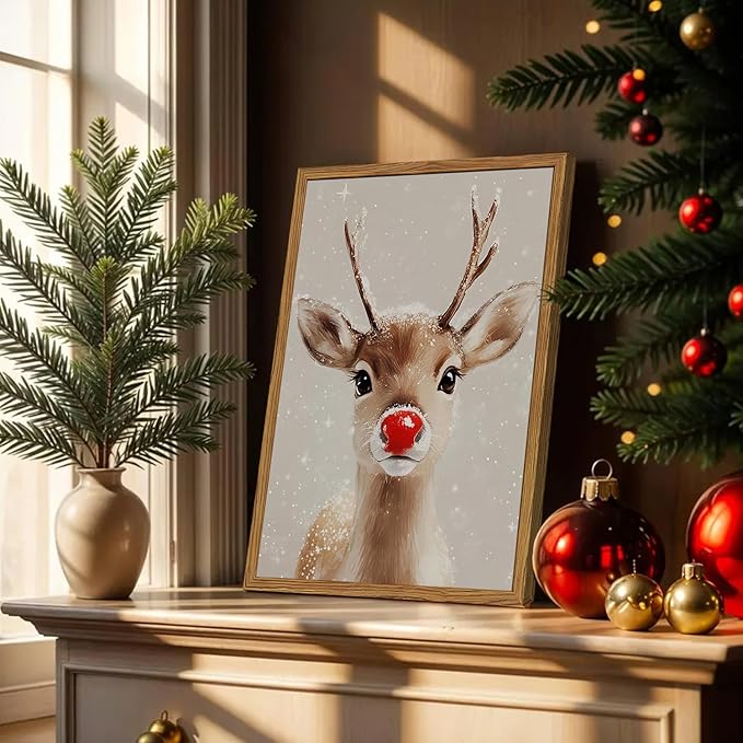 Framed Christmas Wall Art, Vintage Red Nose Reindeer Canvas Wall Decor Paintings - Image 4