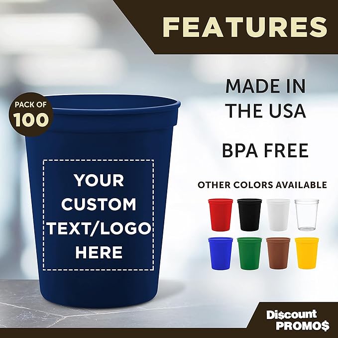 DISCOUNT PROMOS Custom Plastic Stadium Cups 16 oz. Set of 100, Personalized Bulk Pack - Perfect for Birthdays, Weddings, Picnic, Beach, Parties - Navy Blue
