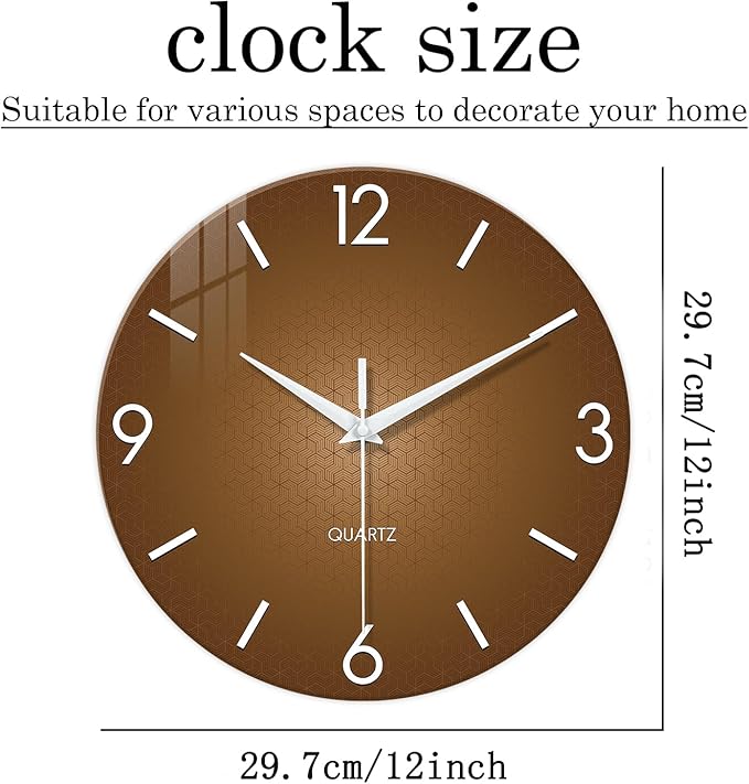 XFM Brown Wall Clock 12 Inch Modern Silent Wall Clocks Battery Operated Round - Image 6