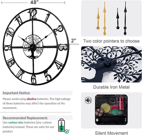 48 Inch Large Wall Clock for Living Room– Black Metal Clock - Image 2