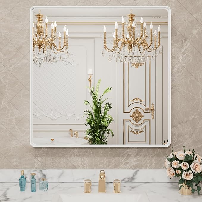 LOAAO 38x38 Inch White Metal Framed Bathroom Mirror by LOAAO