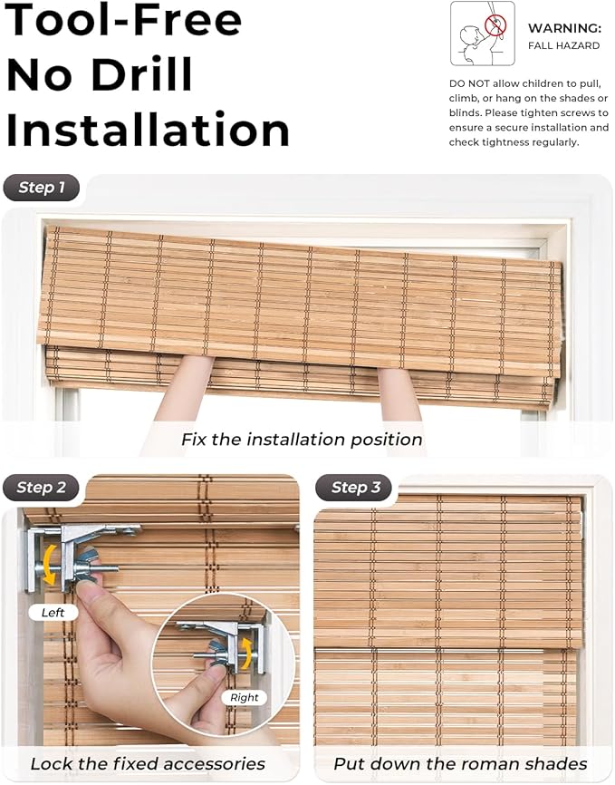 UNISHADES No Drill Cordless Bamboo Roman Shades, Light Filtering Woven Natural - Image 2