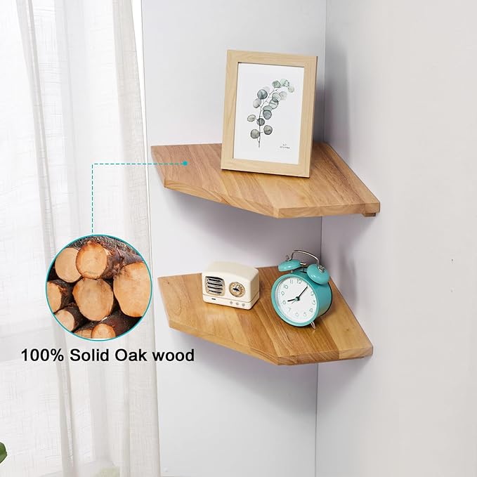 Corner Wall Shelves, Corner Floating Shelves Set of 2 Solid Oak Wood Display - Image 4