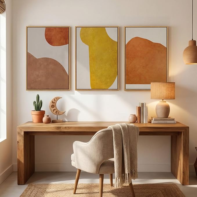 Framed Orange Abstract Boho Wall Art Bedroom, 3 Piece Neutral Mid Century - Image 4