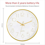 Foxtop Gold Wall Clock 12 Inch Silent Non-Ticking Battery Operated Round Quartz - Image 2