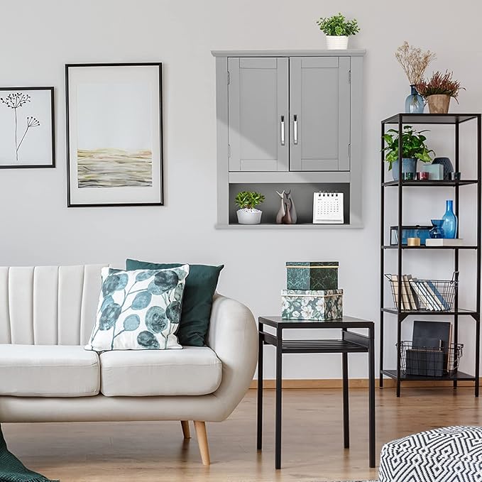 VINGLI Medecine Cabinet with 2 Doors Bathrooom Wall Cabinet Grey Over The - Image 9
