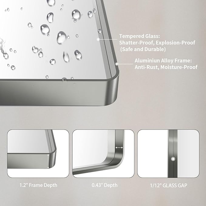 LOAAO 36X36 Inch Brushed Nickel Bathroom Mirror, Rounded Rectangle Silver Metal - Image 5
