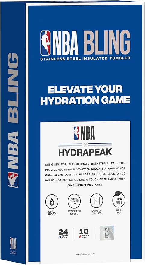 Hydrapeak x NBA Officially Licensed Milwaukee Bucks Voyager 40 oz Stainless Steel Bling Tumbler with Handle, Insulated Rhinestone Water Bottle With Straw & Lid, Includes Gift Box