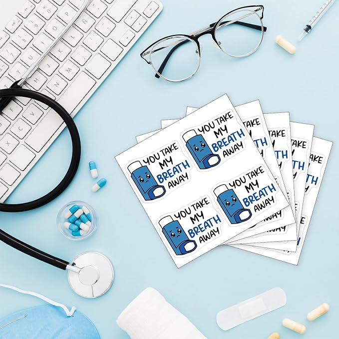 YAZMEEN 20 Pcs Cute Blue Inhaler Stickers You Take My Breath Away Stickers for Lung Respiratory Therapist Nurse Doctor Student Appreciation Gifts Decals for Waterbottle Notebook Phone（Size 2.5''）