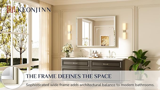 Keonjinn 48" x 36" Brushed Nickel Bathroom Vanity Mirror, Decorative Aluminum - Image 7