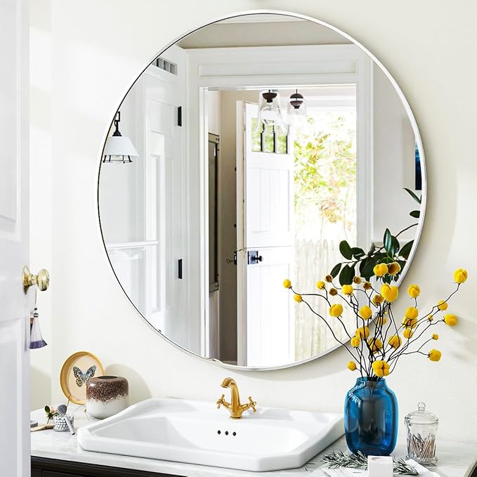 VooBang White Round Bathroom Mirror, 24 inch Circle Wall Mounted Hanging Mirror by VooBang
