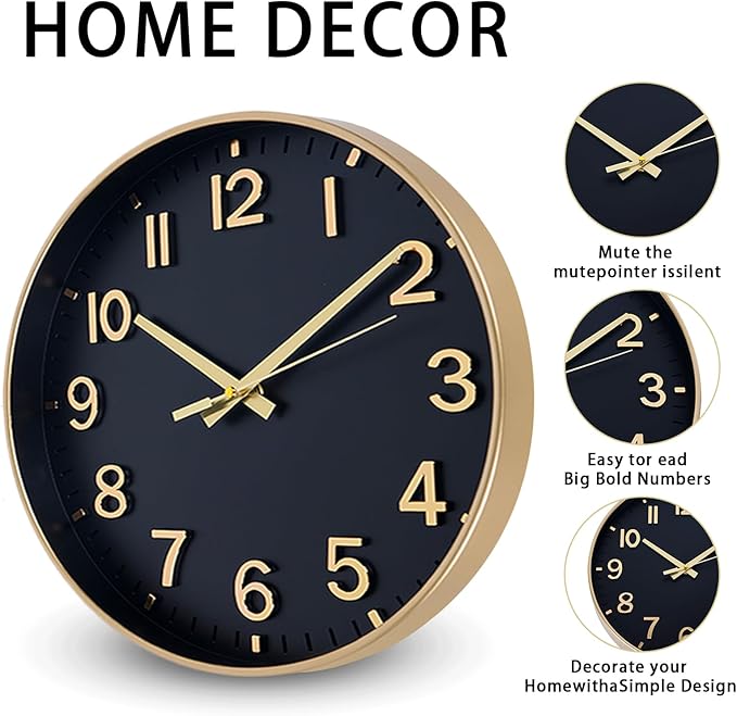 HZDHCLH Wall Clocks Battery Operated, Wall Clock Black Gold, 8 inch Wall Clock - Image 3