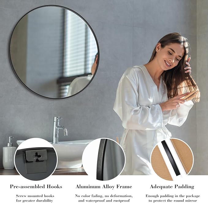 NEWBULIG Round Bathroom Mirror for Over Sink, 28 Inch Wall Mount Vanity Circle - Image 5