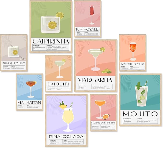 KBKBART Vintage Cocktail Poster Set of 10, Retro Bar Cart Accessories, Colorful by KBKBART
