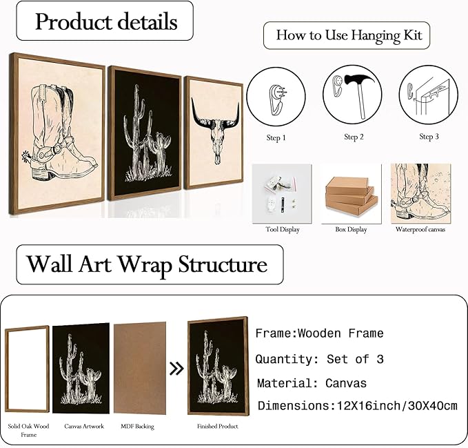 Vintage Western Wall Art Set of 3, Southwestern Cowboy Wall Decor Paintings - Image 3