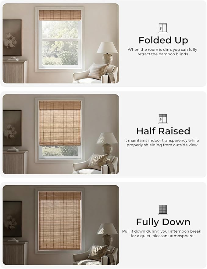 UNISHADES No Drill Cordless Bamboo Roman Shades, Light Filtering Woven Natural - Image 4
