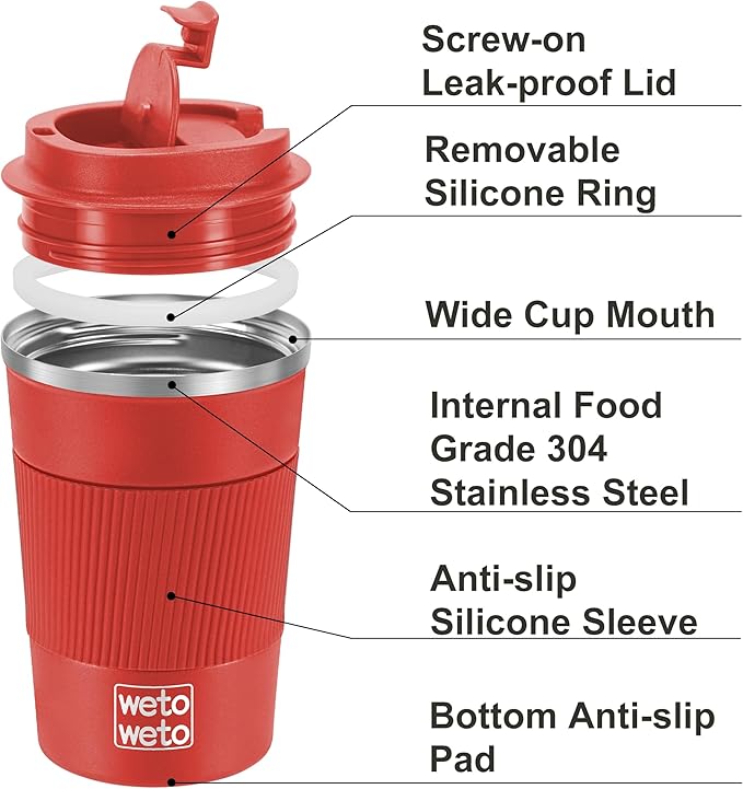 WETOWETO 12oz Reusable Coffee Cup, Coffee Travel Mug with Lid, Spill Proof Thermal Mug, Double-Walled Insulated Cup, Stainless Steel Portable Cup for Hot and Cold Drinks(Red)