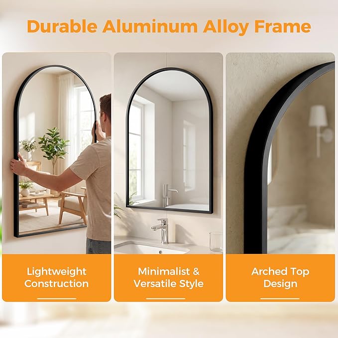 OLIXIS 20x30 Inch Arched Black Bathroom Mirror - Image 3