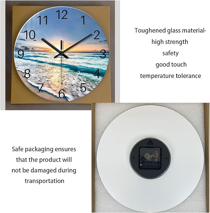 Blue Beach Wall Clock for Bedroom Glass Wall Clocks Battery Operated 12 Inch - Image 6