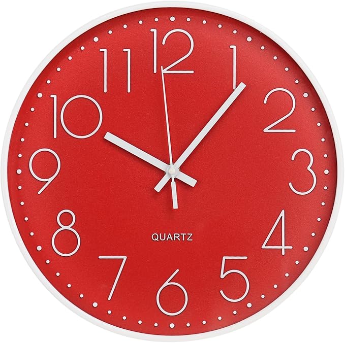 Wall Clock 10 Inch Non-Ticking Silent Modern Simple Style Round Decor Clock Red by BAKBRAND