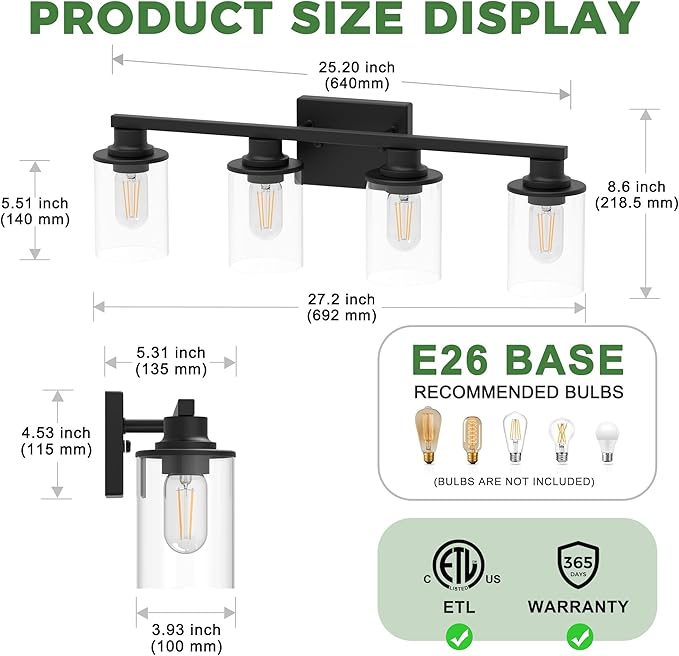 DORESshop Bathroom Light Fixtures, 4-Light Black Bathroom Lighting Fixtures - Image 4