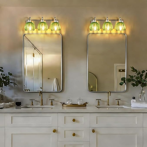 3-Light Vanity Lights with Green Tulip Glass Shade, Brushed Nickel Bathroom - Image 2