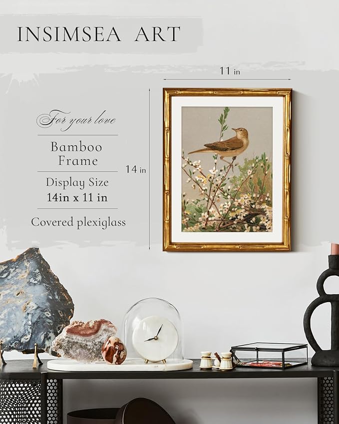 InSimSea Gold Bamboo Framed Canvas Wall Art, Spring Bird on Branch Paintings - Image 3