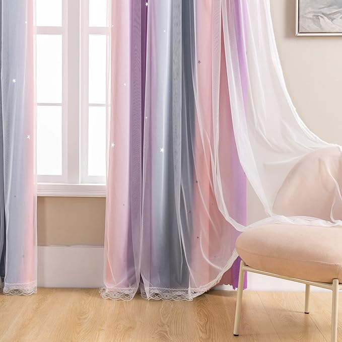 XiDi Curtains for Bedroom Decor, Rainbow GreyPinkPu-34-90 - Image 3