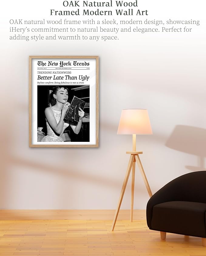 iHery Natural OAK Wood Audrey Hepburn Trendy Framed Wall Art, Better Late Than - Image 4