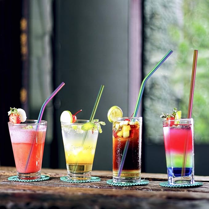 Hiware 12-Pack Rainbow Metal Straws Reusable with Case - Stainless Steel Drinking Straws for 30oz and 20oz Tumblers Dishwasher Safe, 2 Brushes Included