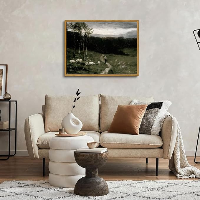 OIQArtOIQ Framed Vintage Landscape Wall Art Shepherd Natural Scenery Oil - Image 6