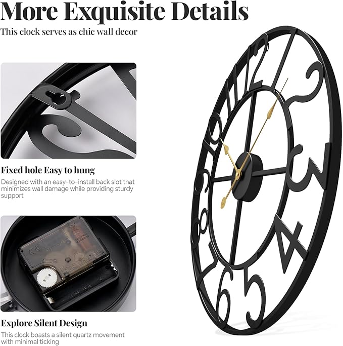 Cuspin Large Wall Clock, 24 Inch Black Clocks - Image 6