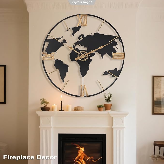 Pytha Sight 30 Inch Large Modern Decorative Metal World Map Wall Clocks Giant - Image 4