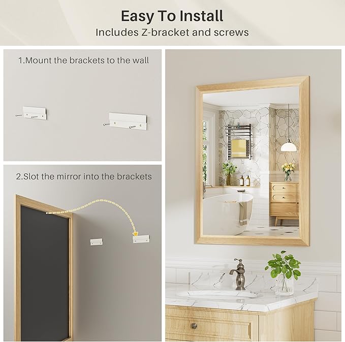 24x36 Inch Bathroom Mirror for Wall, Anti-Rust Oak Wood Grain Metal Framed - Image 5