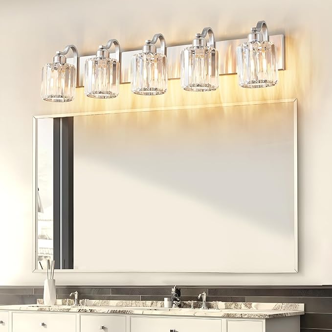 Modern Crystal Bathroom Vanity Light 5 Light Brushed Nickel Vanity Lighting - Image 2