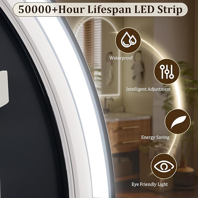 BEAUTYPEAK 40x30 LED Arch Bathroom Mirror - Image 3