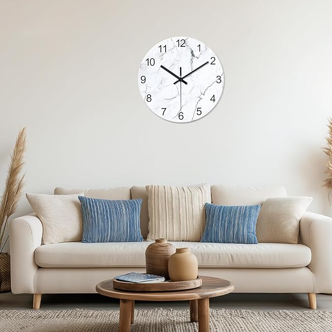 White Marble Glass Wall Clocks Battery Operated 20 Inch Large Abstract - Image 2
