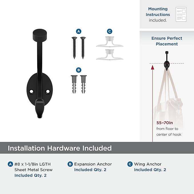 Amerock H55465MB | Adare Double Prong Decorative Wall Hook | Matte Black Hook - Image 5
