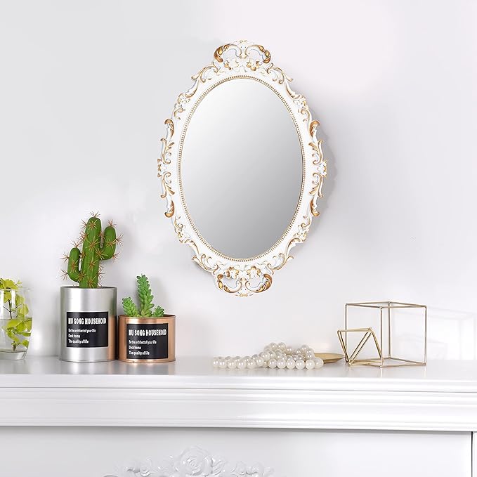 Tstarer Vintage Decorative White Framed Mirror, Small Oval Wall Hanging Mirror - Image 2