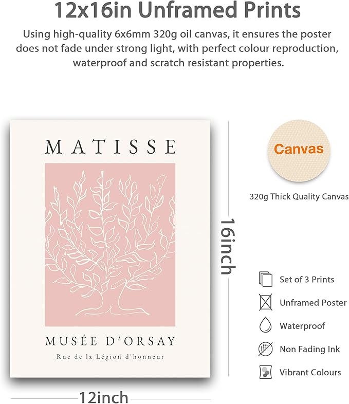 HesenDot Unframed Pink Wall Art Set of 3, 12x16in Matisse Canvas Prints - Image 2