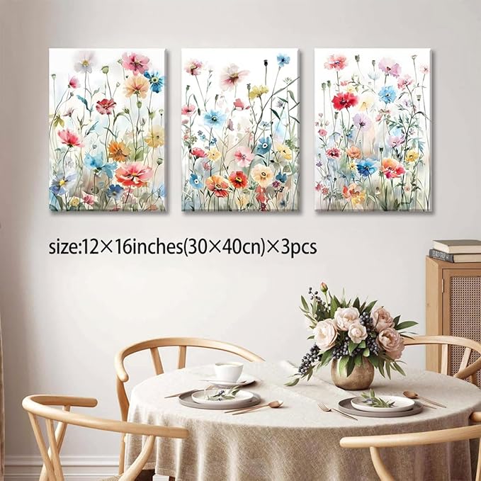 KISSFOX Framed Colorful Wildflower Canvas Wall Art Set Of 3 Flowers Pictures - Image 4