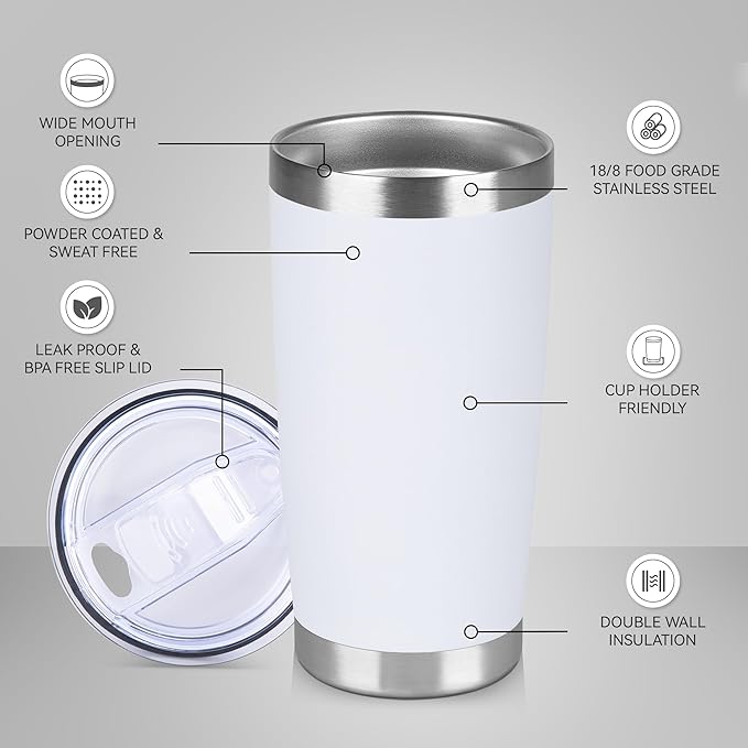 20 oz Tumbler Stainless Steel Tumblers Bulk with Lid Double Wall Insulated Coffee Tumbler Cups for Hot & Cold Drinks Powder Coated Travel Coffee Tumbler Mug Metal (White, 1 pack)