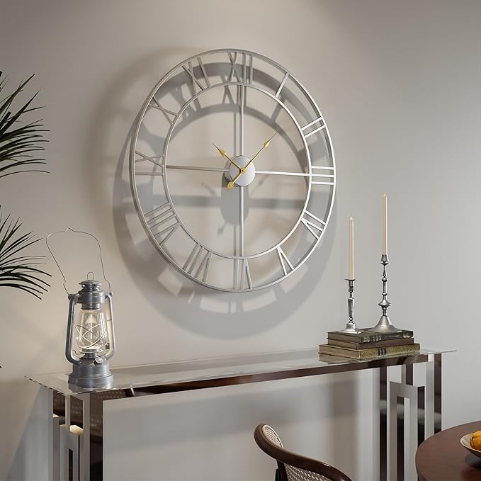 Cuspin 30 Inch Large Wall Clock, Modern Silver Metal Big Decorative Wall Clock - Image 8