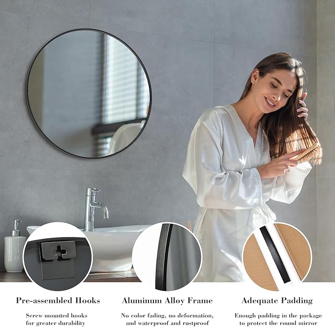 NEWBULIG Round Bathroom Mirror for Over Sink, 24 Inch Wall Mount Vanity Circle - Image 4